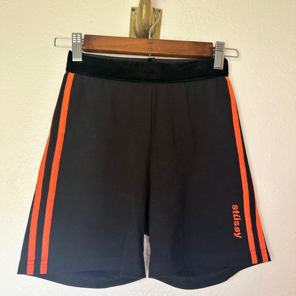 Stussy Women’s Black Bike Shorts with Orange Side Stripes and black velvet waist - Picture 1 of 3